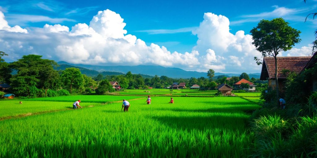 Pemandangan desa Banjaran dengan sawah hijau dan rumah tradisional.