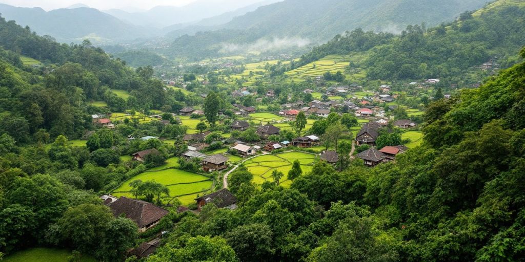 Pemandangan indah desa Banjaran dengan rumah tradisional.