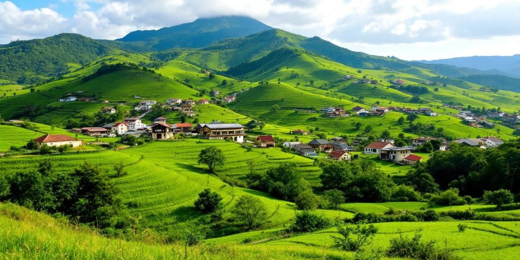 Pemandangan alam Brebes dengan bukit hijau dan rumah tradisional.