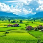 Pemandangan alam Jawa Tengah dengan sawah dan rumah tradisional.