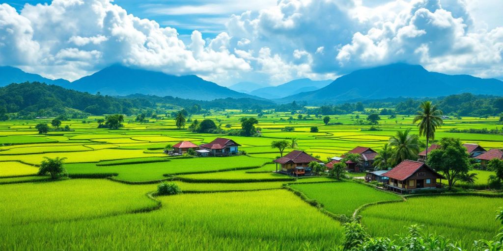 Pemandangan alam Jawa Tengah dengan sawah dan rumah tradisional.