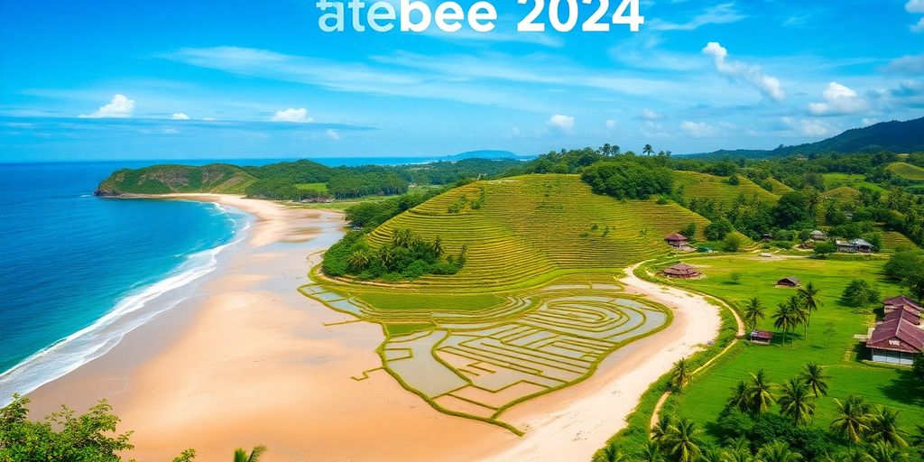 Landskap indah Brebes dengan pantai dan sawah hijau.