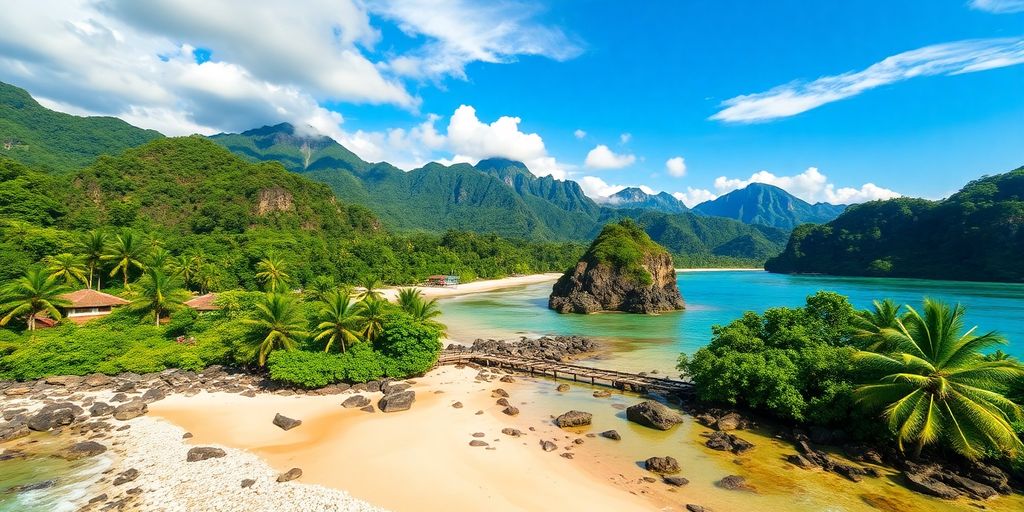 Pemandangan indah pantai dan pegunungan di Indonesia.