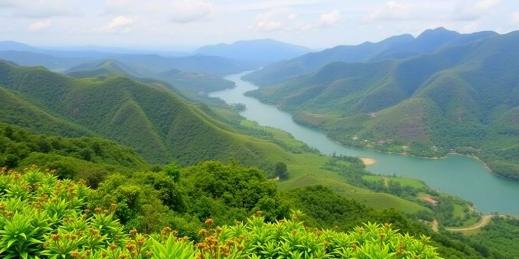 Pemandangan indah alam Banjaran dengan bukit dan air.