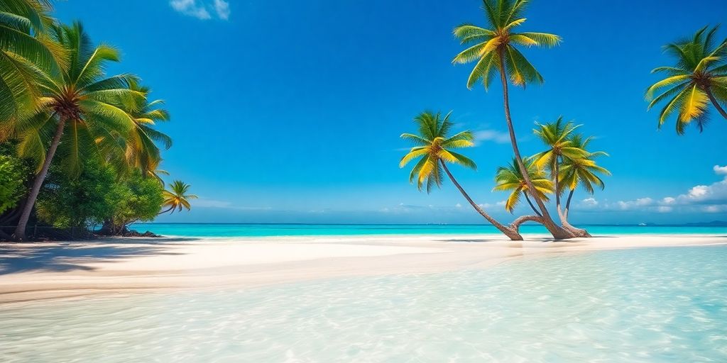 Pantai indah dengan pasir putih dan air biru jernih.